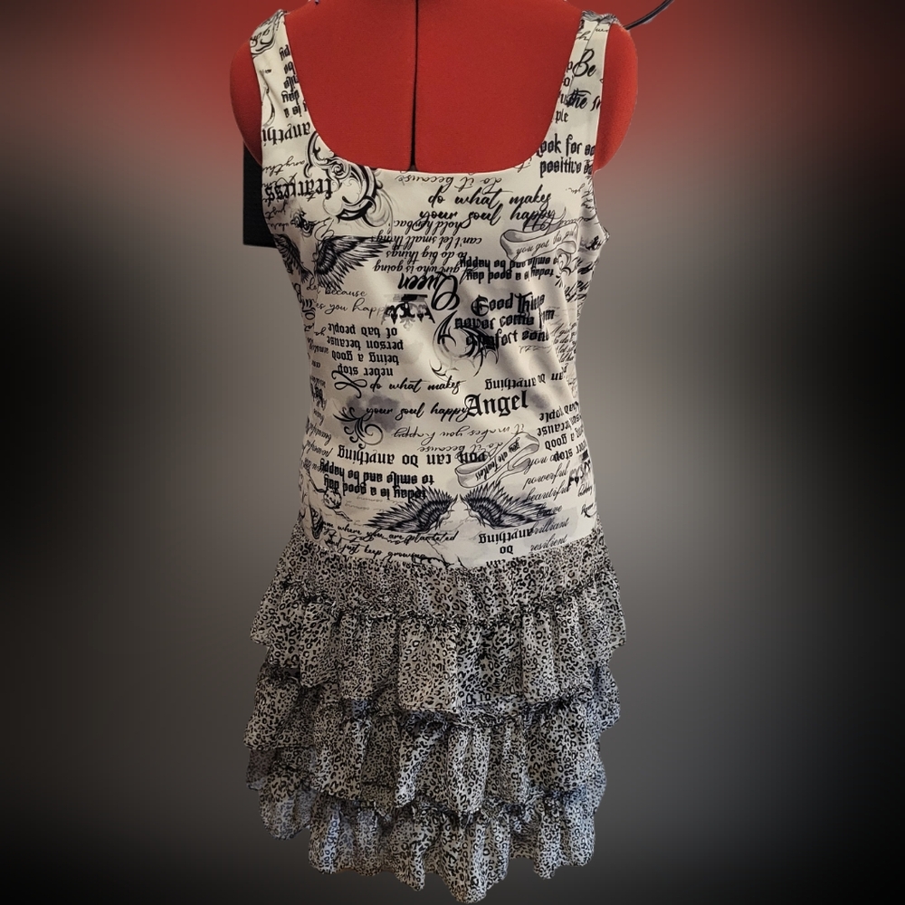 LA Upcycle, Black and Cream Graphic Ruffled Tank Top Dress